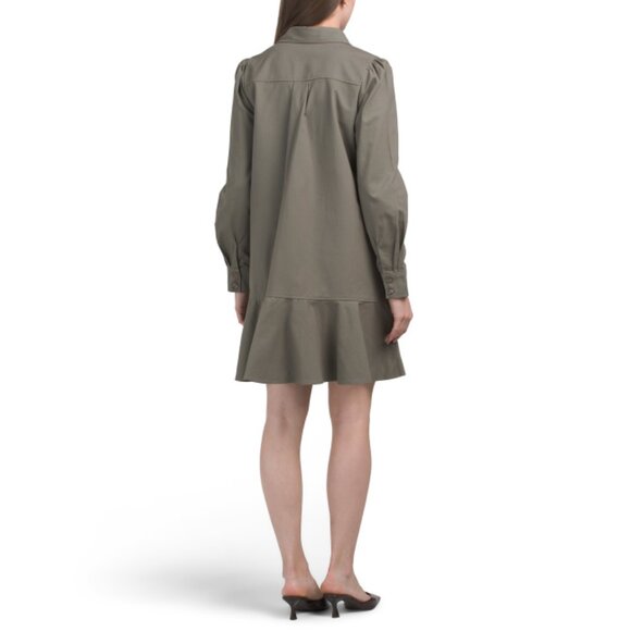 ELLEN TRACY Light Olive Mini Shirt Dress With Flared Hem - Picture 2 of 2